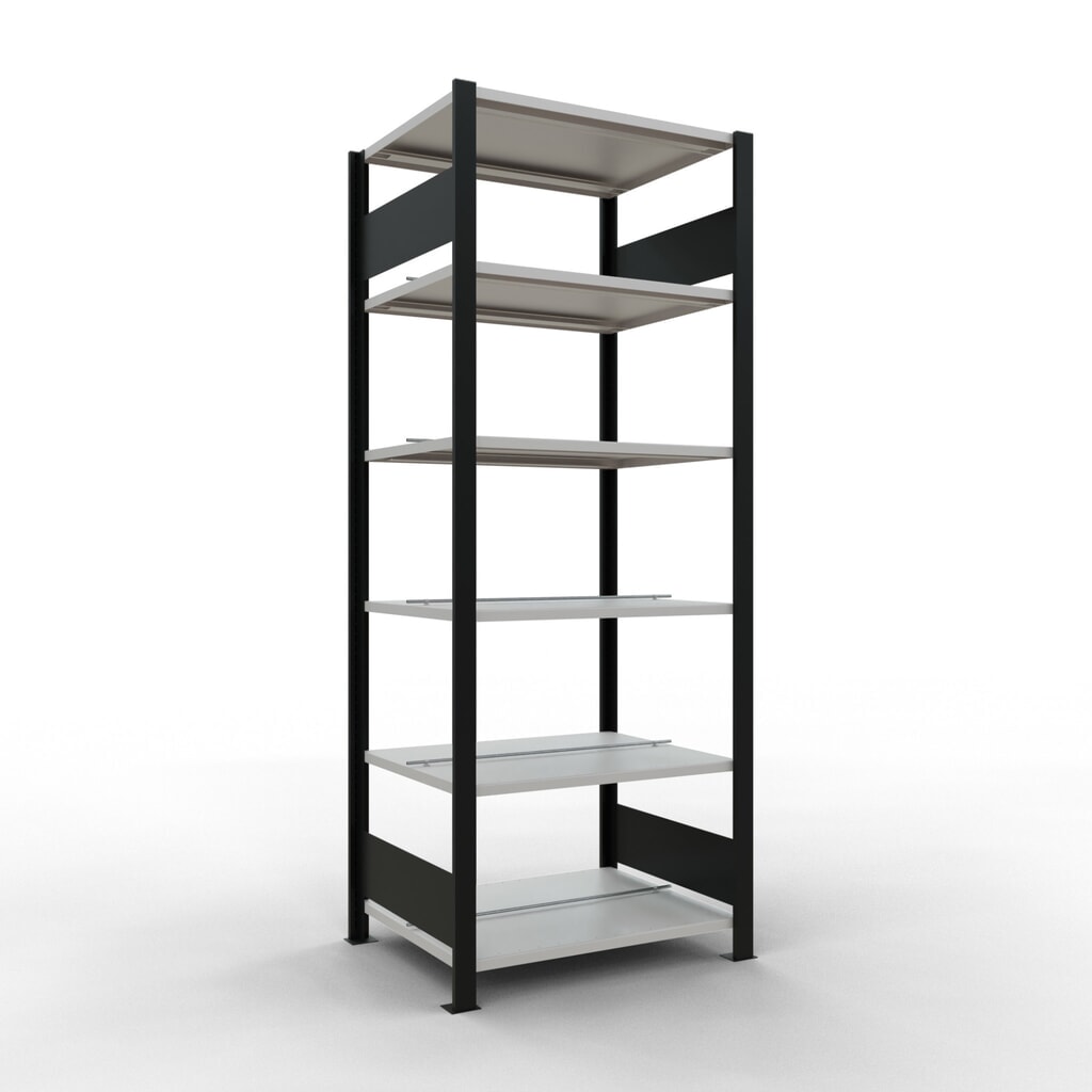 Scaffalatura per documenti SCHULTE campata base, a doppio fronte, con spondine centrali, portata per piano 150 kg, nero, HxLxP 2.000 x 750 x 600 mm Immagine del prodotto: Scaffalatura per documenti SCHULTE campata base, a doppio fronte, con spondine centrali, portata per piano 150 kg, nero, HxLxP 2.000 x 750 x 600 mm