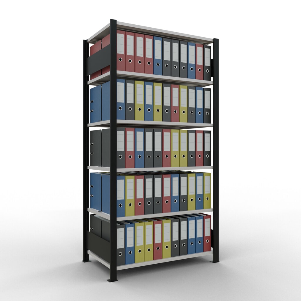 Scaffalatura per documenti SCHULTE campata base, a doppio fronte, con spondine centrali, portata per piano 150 kg, nero, AxLxP 2.000 x 1.000 x 600 mm Immagine del prodotto n. 2: Scaffalatura per documenti SCHULTE campata base, a doppio fronte, con spondine centrali, portata per piano 150 kg, nero, AxLxP 2.000 x 1.000 x 600 mm
