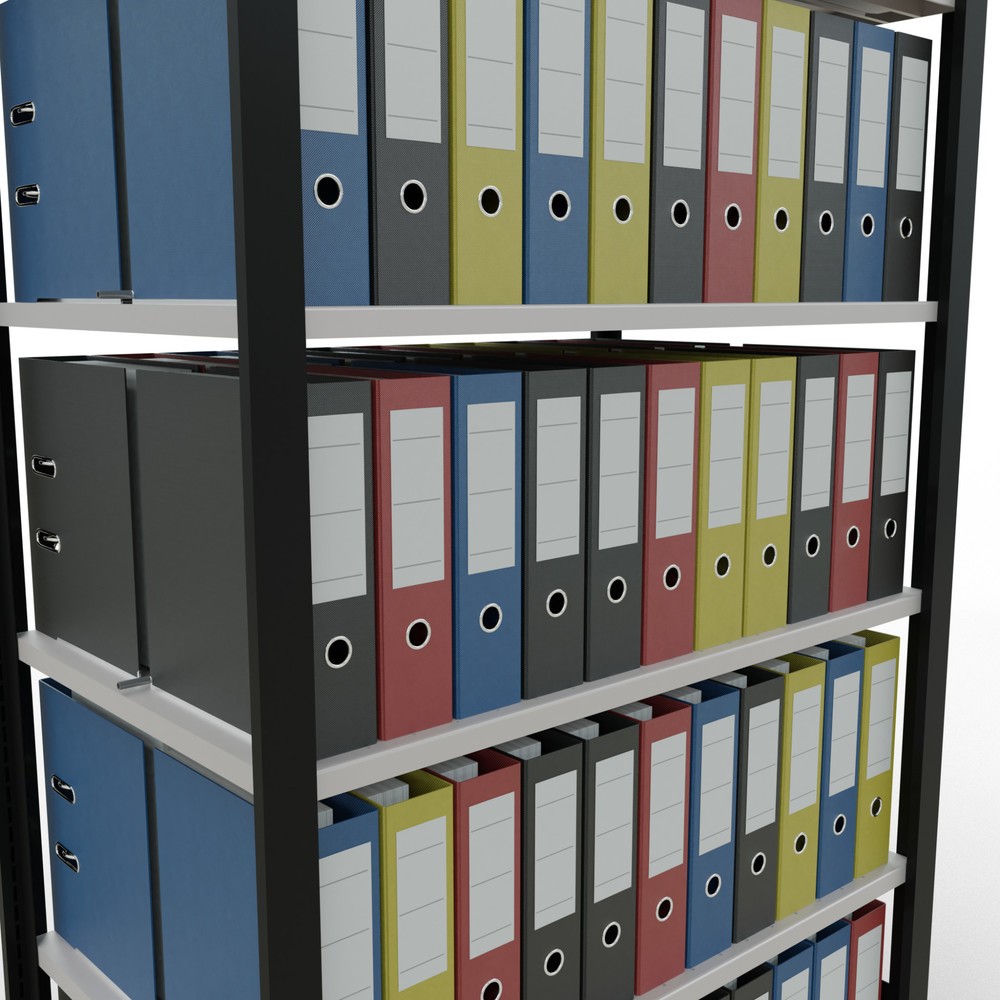 Immagine del prodotto n. 3: Scaffalatura per documenti SCHULTE campata base, a doppio fronte, con spondine centrali, portata per piano 150 kg, nero, AxLxP 2.000 x 1.000 x 600 mm