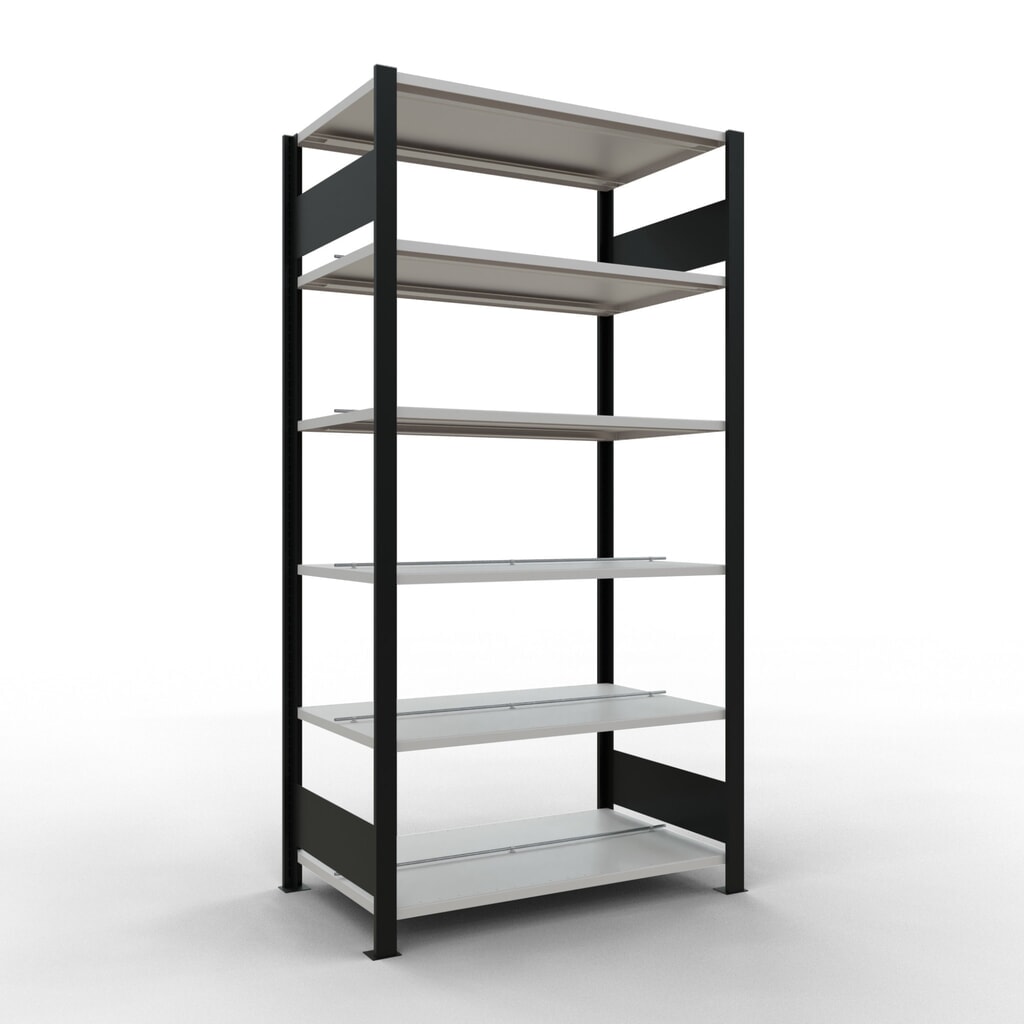 Scaffalatura per documenti SCHULTE campata base, a doppio fronte, con spondine centrali, portata per piano 150 kg, nero, AxLxP 2.000 x 1.000 x 600 mm Immagine del prodotto: Scaffalatura per documenti SCHULTE campata base, a doppio fronte, con spondine centrali, portata per piano 150 kg, nero, AxLxP 2.000 x 1.000 x 600 mm