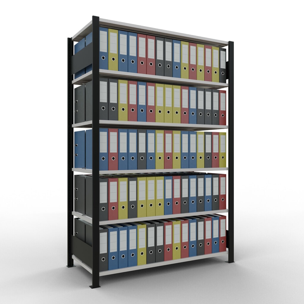 Scaffalatura per documenti SCHULTE campata base, a doppio fronte, con spondine centrali, portata per piano 150 kg, nero, AxLxP 2.000 x 1.300 x 600 mm Immagine del prodotto n. 2: Scaffalatura per documenti SCHULTE campata base, a doppio fronte, con spondine centrali, portata per piano 150 kg, nero, AxLxP 2.000 x 1.300 x 600 mm