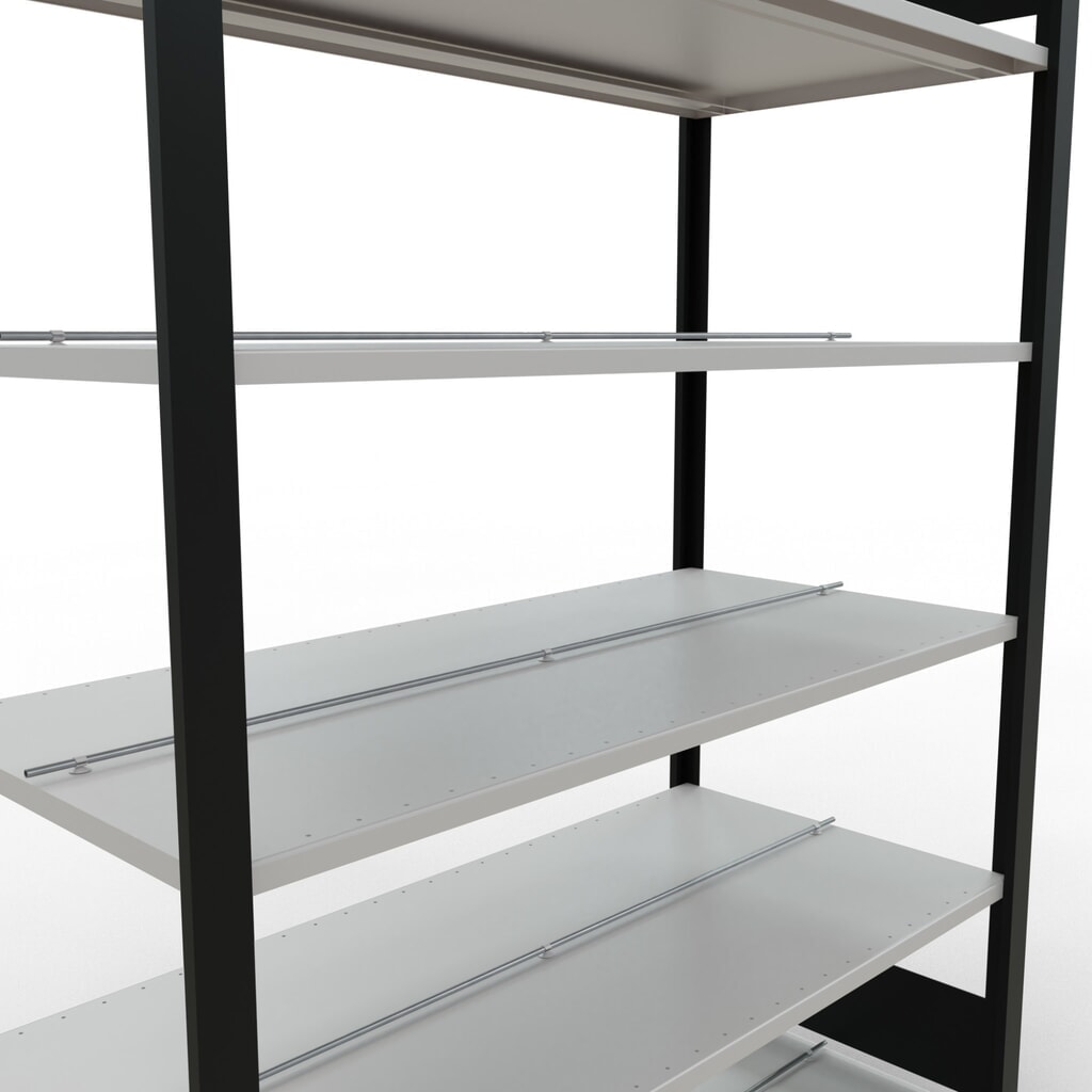 Scaffalatura per documenti SCHULTE campata base, a doppio fronte, con spondine centrali, portata per piano 150 kg, nero, AxLxP 2.000 x 1.300 x 600 mm Immagine del prodotto n. 4: Scaffalatura per documenti SCHULTE campata base, a doppio fronte, con spondine centrali, portata per piano 150 kg, nero, AxLxP 2.000 x 1.300 x 600 mm