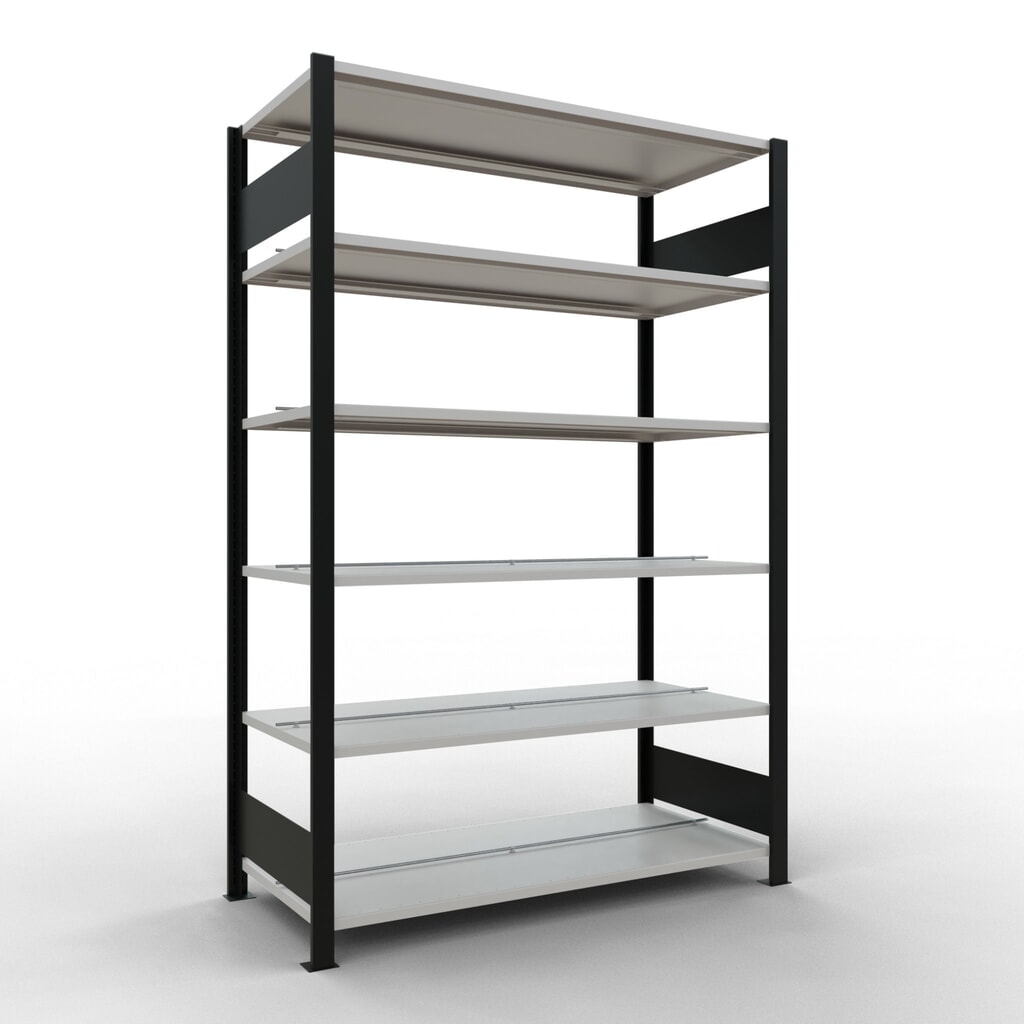 Scaffalatura per documenti SCHULTE campata base, a doppio fronte, con spondine centrali, portata per piano 150 kg, nero, AxLxP 2.000 x 1.300 x 600 mm Immagine del prodotto: Scaffalatura per documenti SCHULTE campata base, a doppio fronte, con spondine centrali, portata per piano 150 kg, nero, AxLxP 2.000 x 1.300 x 600 mm