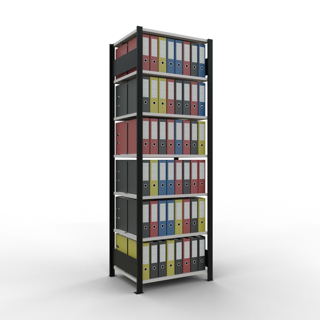 Scaffalatura per documenti SCHULTE campata base, a doppio fronte, con spondine centrali, portata per piano 150 kg, nero, AxLxP 2.300 x 750 x 600 mm Immagine del prodotto n. 2: Scaffalatura per documenti SCHULTE campata base, a doppio fronte, con spondine centrali, portata per piano 150 kg, nero, AxLxP 2.300 x 750 x 600 mm