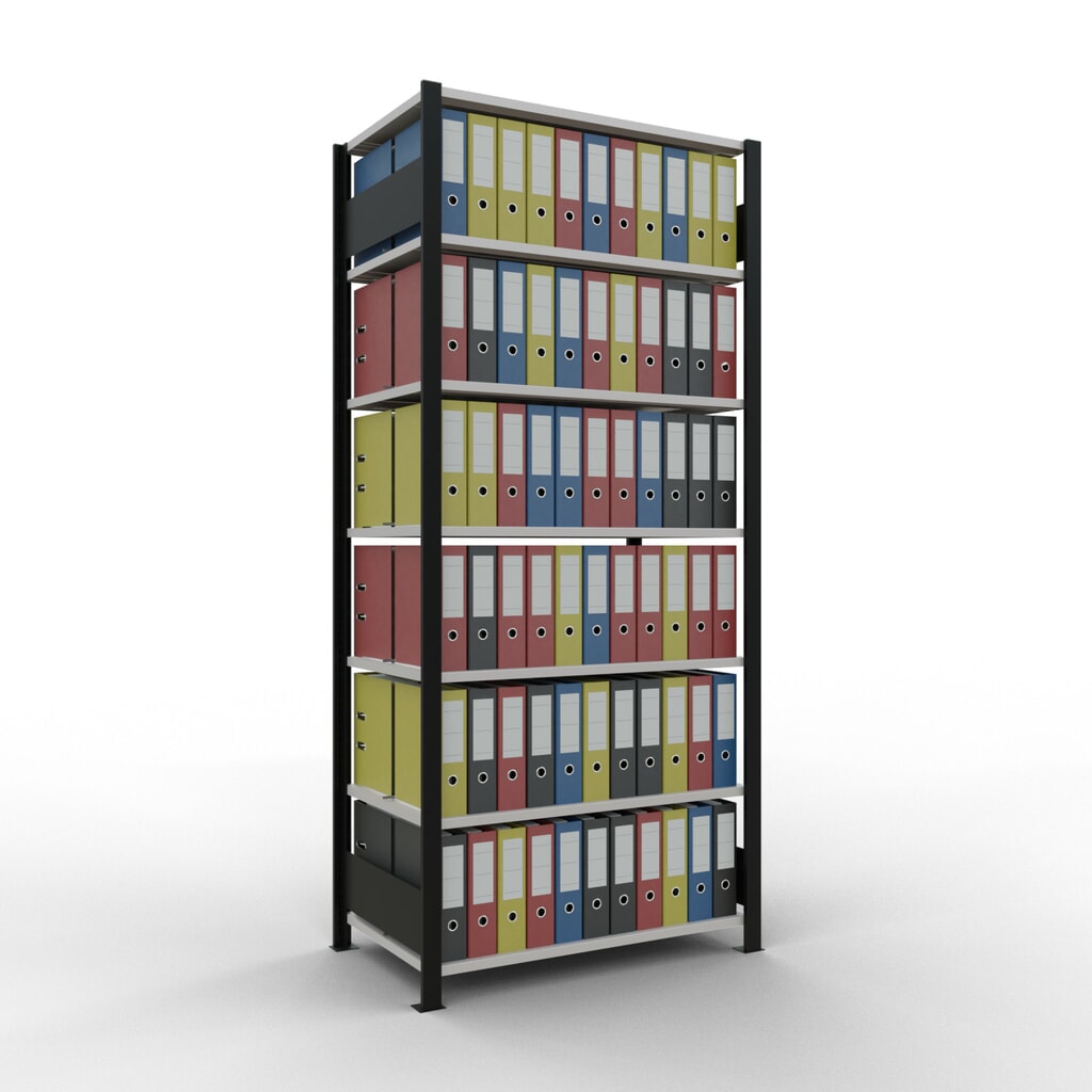 Scaffalatura per documenti SCHULTE campata base, a doppio fronte, con spondine centrali, portata per piano 150 kg, nero, AxLxP 2.300 x 1.000 x 600 mm Immagine del prodotto n. 2: Scaffalatura per documenti SCHULTE campata base, a doppio fronte, con spondine centrali, portata per piano 150 kg, nero, AxLxP 2.300 x 1.000 x 600 mm