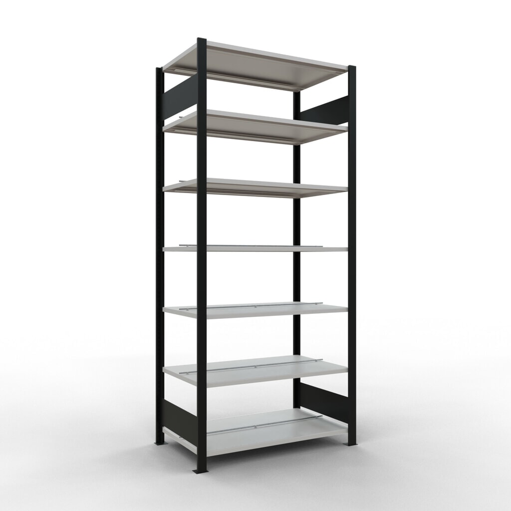 Scaffalatura per documenti SCHULTE campata base, a doppio fronte, con spondine centrali, portata per piano 150 kg, nero, AxLxP 2.300 x 1.000 x 600 mm Immagine del prodotto: Scaffalatura per documenti SCHULTE campata base, a doppio fronte, con spondine centrali, portata per piano 150 kg, nero, AxLxP 2.300 x 1.000 x 600 mm