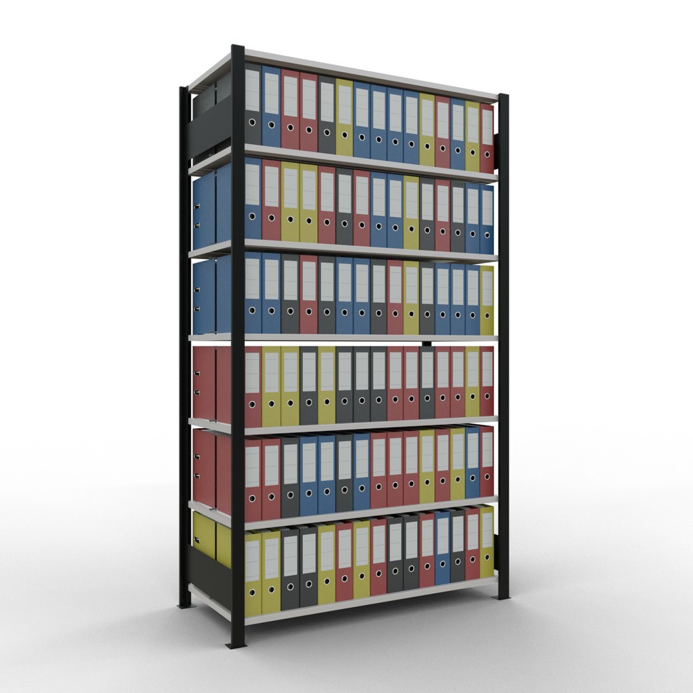Immagine del prodotto n. 2: Scaffalatura per documenti SCHULTE campata base, a doppio fronte, con spondine centrali, portata per piano 150 kg, nero, AxLxP 2.300 x 1.300 x 600 mm
