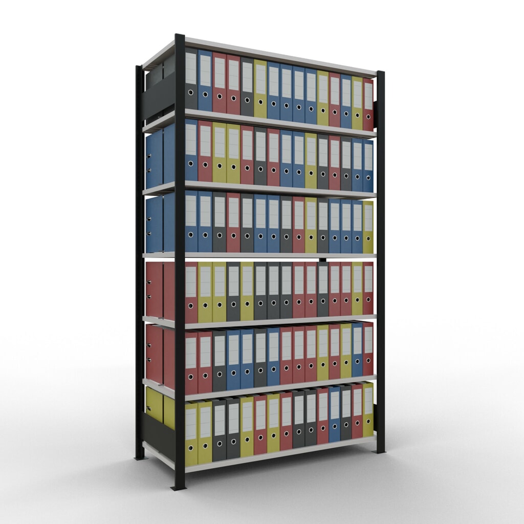 Scaffalatura per documenti SCHULTE campata base, a doppio fronte, con spondine centrali, portata per piano 150 kg, nero, AxLxP 2.300 x 1.300 x 600 mm Immagine del prodotto n. 2: Scaffalatura per documenti SCHULTE campata base, a doppio fronte, con spondine centrali, portata per piano 150 kg, nero, AxLxP 2.300 x 1.300 x 600 mm