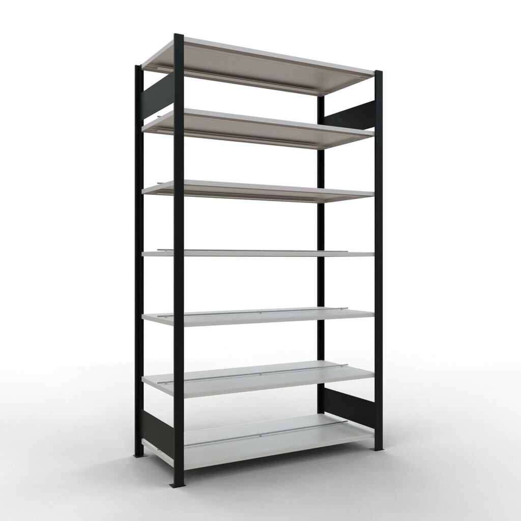 Scaffalatura per documenti SCHULTE campata base, a doppio fronte, con spondine centrali, portata per piano 150 kg, nero, AxLxP 2.300 x 1.300 x 600 mm Immagine del prodotto: Scaffalatura per documenti SCHULTE campata base, a doppio fronte, con spondine centrali, portata per piano 150 kg, nero, AxLxP 2.300 x 1.300 x 600 mm