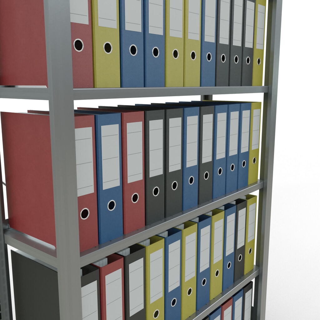 Immagine del prodotto n. 3: Scaffalatura per documenti SCHULTE campata base, monofronte, con spondine posteriori, portata per piano 85 kg, AxLxP 2.000 x 1.000 x 300 mm