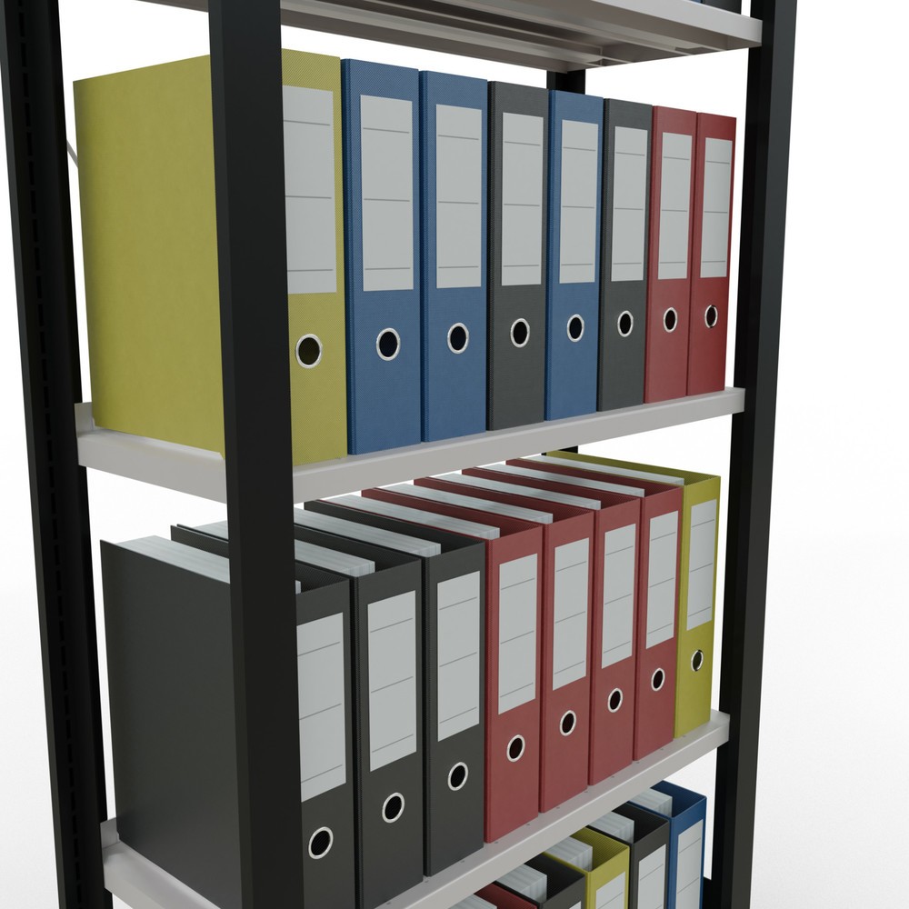 Immagine del prodotto n. 3: Scaffalatura per documenti SCHULTE campata base, monofronte, con spondine posteriori, portata per piano 85 kg, nero, AxLxP 1.800 x 750 x 300 mm