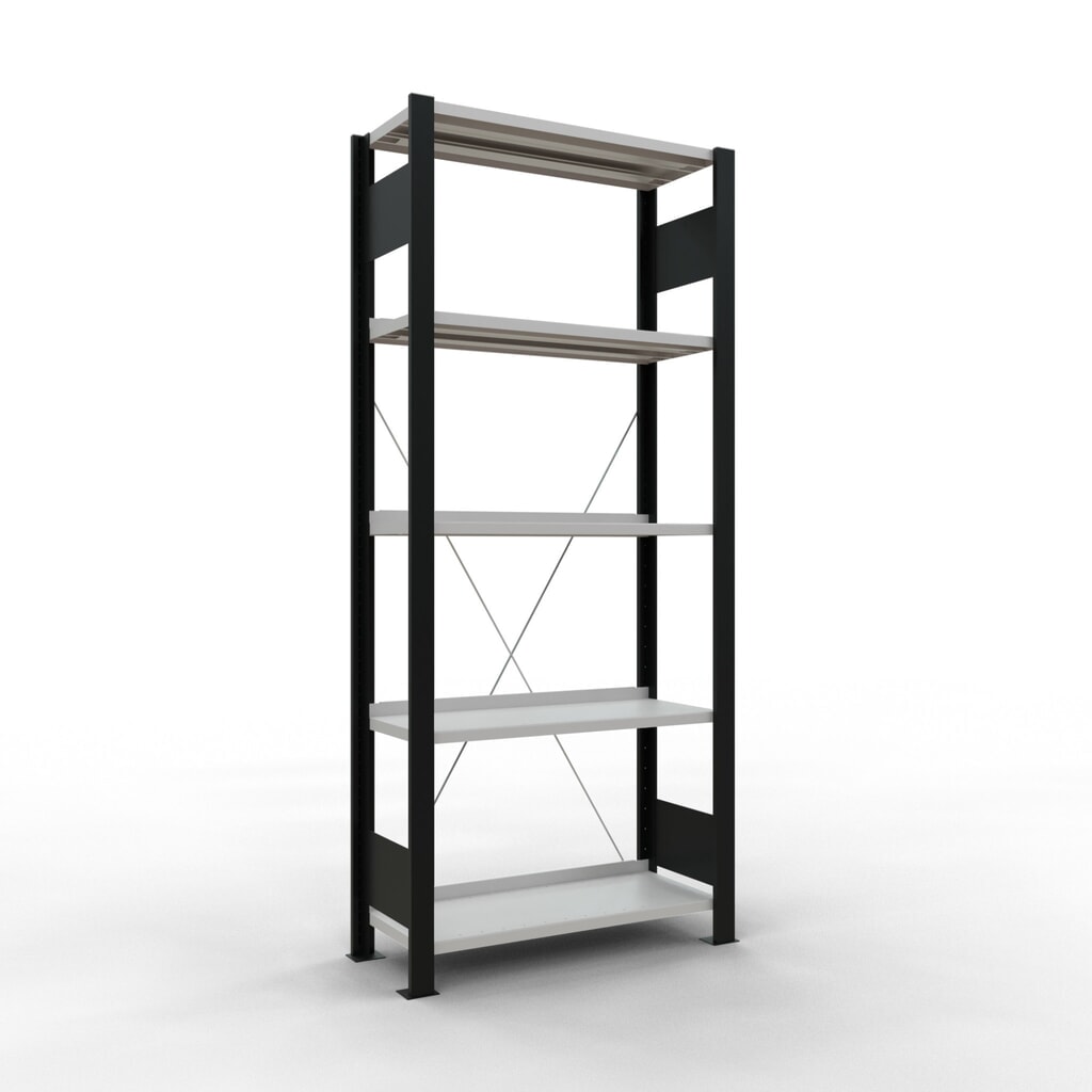 Immagine del prodotto: Scaffalatura per documenti SCHULTE campata base, monofronte, con spondine posteriori, portata per piano 85 kg, nero, AxLxP 1.800 x 750 x 300 mm