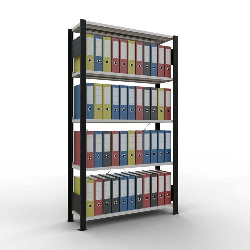 Immagine del prodotto n. 2: Scaffalatura per documenti SCHULTE campata base, monofronte, con spondine posteriori, portata per piano 85 kg, nero, AxLxP 1.800 x 1.000 x 300 mm