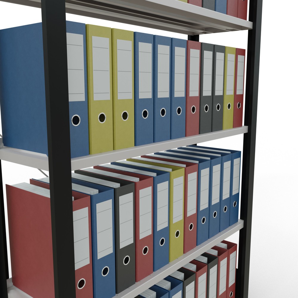 Immagine del prodotto n. 3: Scaffalatura per documenti SCHULTE campata base, monofronte, con spondine posteriori, portata per piano 85 kg, nero, AxLxP 1.800 x 1.000 x 300 mm
