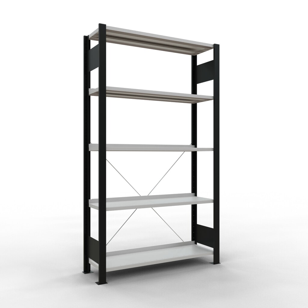 Immagine del prodotto: Scaffalatura per documenti SCHULTE campata base, monofronte, con spondine posteriori, portata per piano 85 kg, nero, AxLxP 1.800 x 1.000 x 300 mm