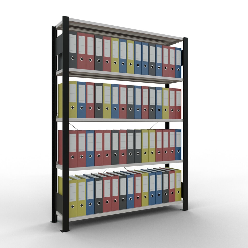 Scaffalatura per documenti SCHULTE campata base, monofronte, con spondine posteriori, portata per piano 85 kg, nero, AxLxP 1.800 x 1.300 x 300 mm Immagine del prodotto n. 2: Scaffalatura per documenti SCHULTE campata base, monofronte, con spondine posteriori, portata per piano 85 kg, nero, AxLxP 1.800 x 1.300 x 300 mm