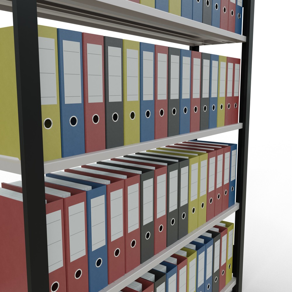 Immagine del prodotto n. 3: Scaffalatura per documenti SCHULTE campata base, monofronte, con spondine posteriori, portata per piano 85 kg, nero, AxLxP 1.800 x 1.300 x 300 mm