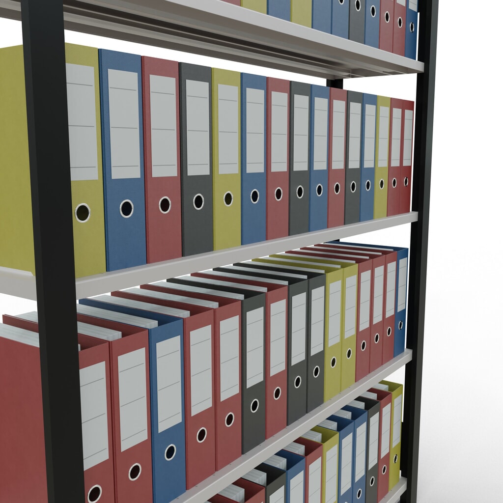 Immagine del prodotto n. 3: Scaffalatura per documenti SCHULTE campata base, monofronte, con spondine posteriori, portata per piano 85 kg, nero, AxLxP 1.800 x 1.300 x 300 mm