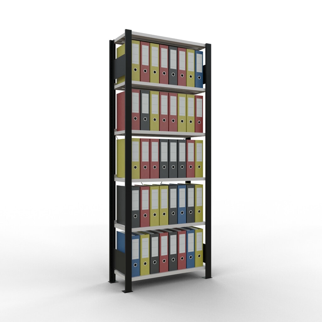 Scaffalatura per documenti SCHULTE campata base, monofronte, con spondine posteriori, portata per piano 85 kg, nero, AxLxP 2.000 x 750 x 300 mm Immagine del prodotto n. 2: Scaffalatura per documenti SCHULTE campata base, monofronte, con spondine posteriori, portata per piano 85 kg, nero, AxLxP 2.000 x 750 x 300 mm