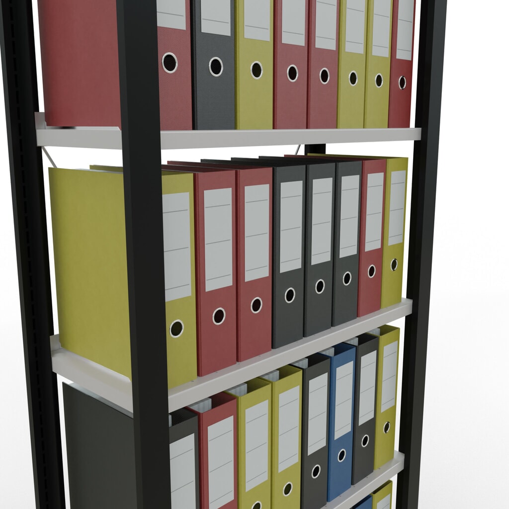 Scaffalatura per documenti SCHULTE campata base, monofronte, con spondine posteriori, portata per piano 85 kg, nero, AxLxP 2.000 x 750 x 300 mm Immagine del prodotto n. 3: Scaffalatura per documenti SCHULTE campata base, monofronte, con spondine posteriori, portata per piano 85 kg, nero, AxLxP 2.000 x 750 x 300 mm