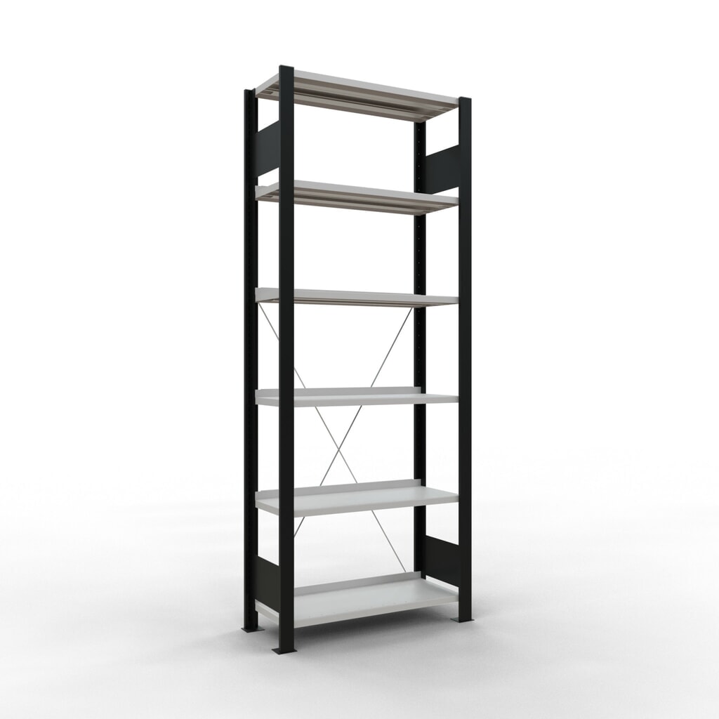 Immagine del prodotto: Scaffalatura per documenti SCHULTE campata base, monofronte, con spondine posteriori, portata per piano 85 kg, nero, AxLxP 2.000 x 750 x 300 mm