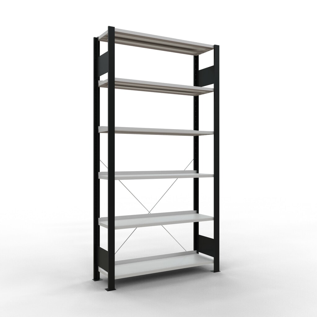 Immagine del prodotto: Scaffalatura per documenti SCHULTE campata base, monofronte, con spondine posteriori, portata per piano 85 kg, nero, AxLxP 2.000 x 1.000 x 300 mm
