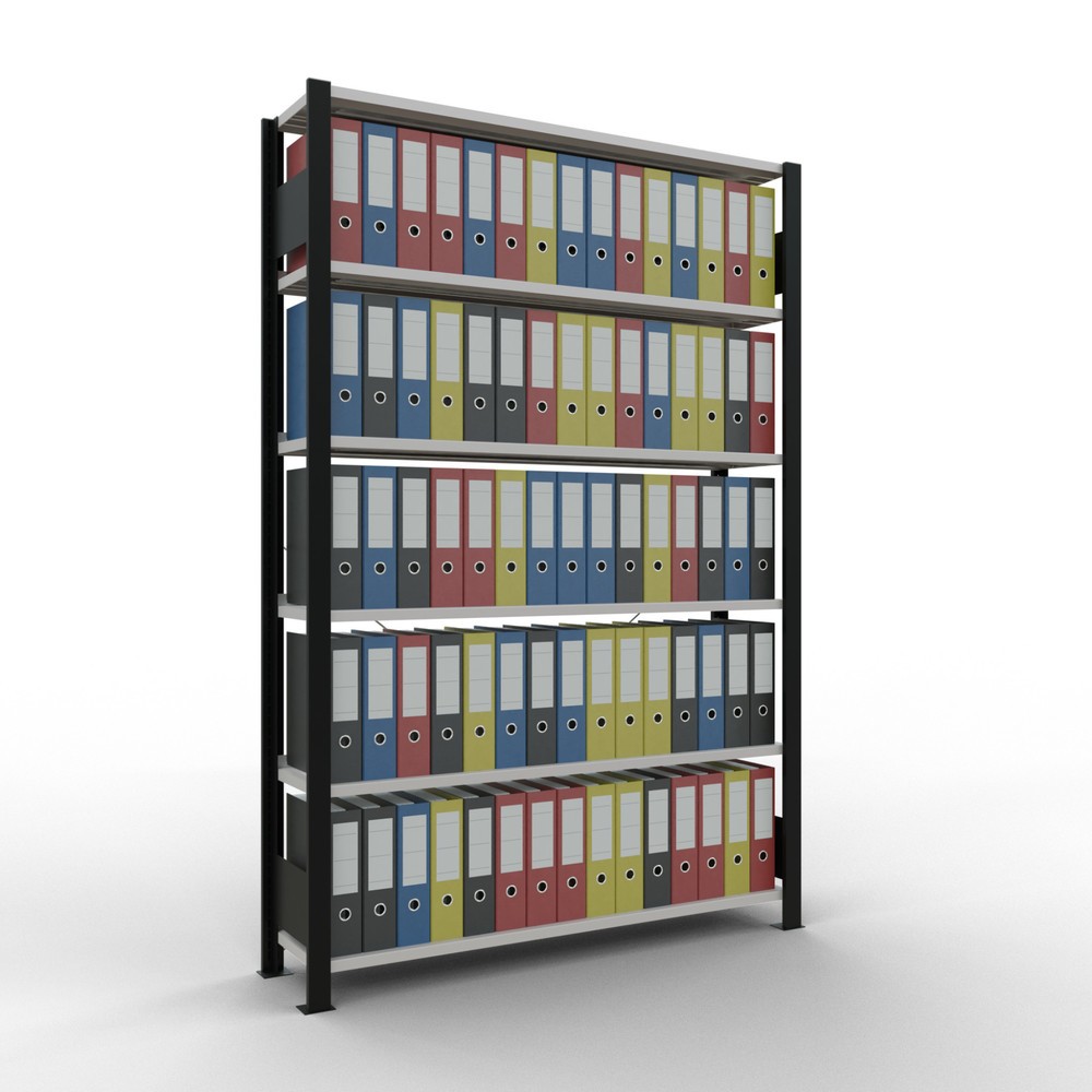 Immagine del prodotto n. 2: Scaffalatura per documenti SCHULTE campata base, monofronte, con spondine posteriori, portata per piano 85 kg, nero, AxLxP 2.000 x 1.300 x 300 mm