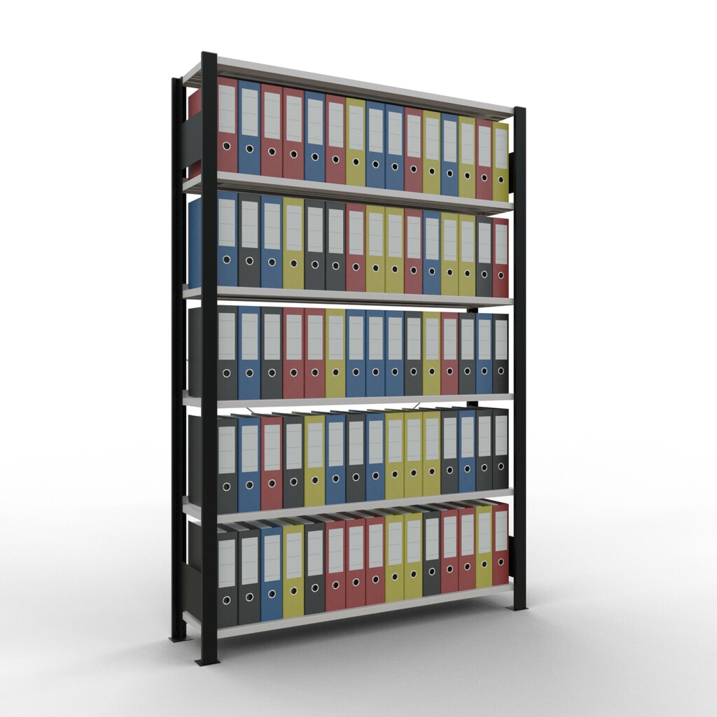 Immagine del prodotto n. 2: Scaffalatura per documenti SCHULTE campata base, monofronte, con spondine posteriori, portata per piano 85 kg, nero, AxLxP 2.000 x 1.300 x 300 mm
