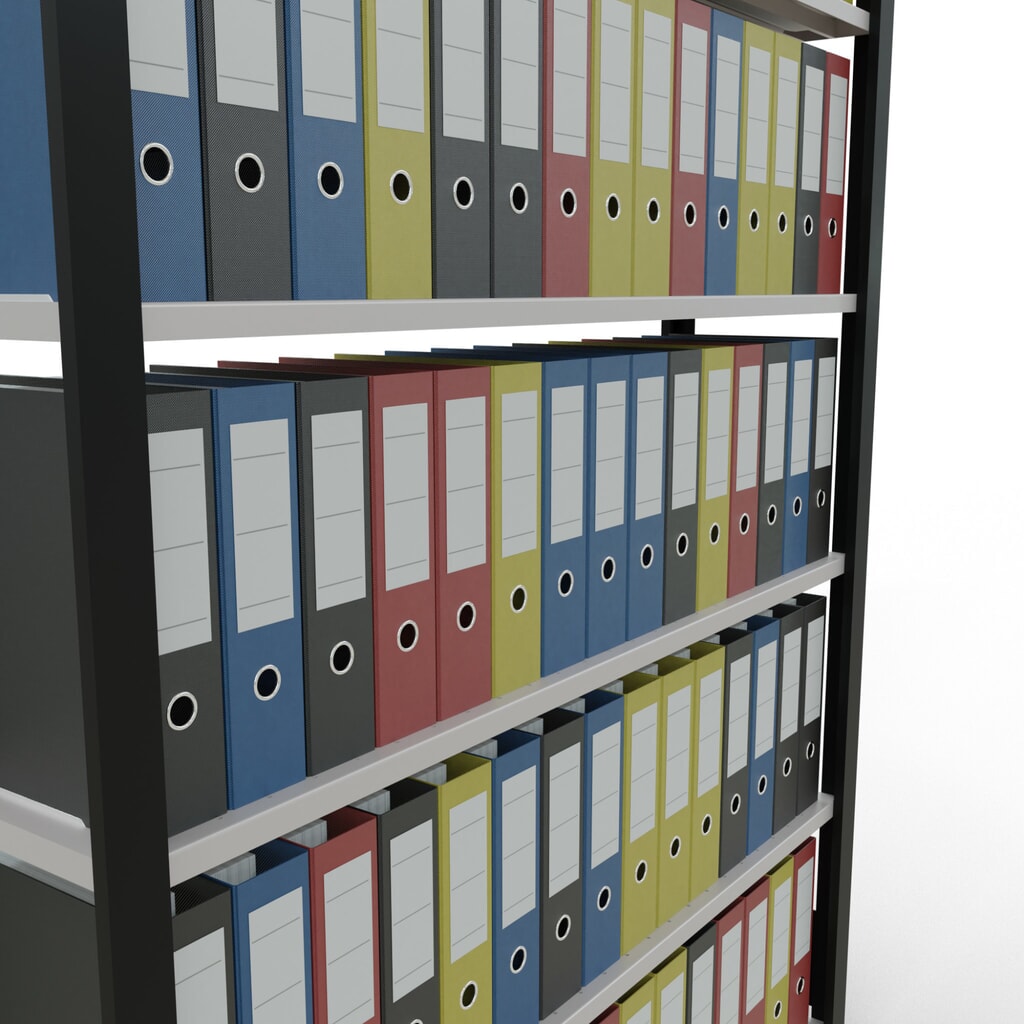 Immagine del prodotto n. 3: Scaffalatura per documenti SCHULTE campata base, monofronte, con spondine posteriori, portata per piano 85 kg, nero, AxLxP 2.000 x 1.300 x 300 mm