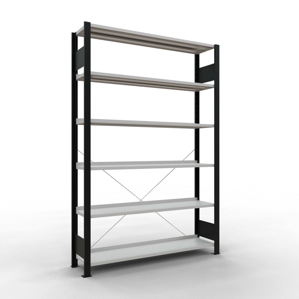 Immagine del prodotto: Scaffalatura per documenti SCHULTE campata base, monofronte, con spondine posteriori, portata per piano 85 kg, nero, AxLxP 2.000 x 1.300 x 300 mm