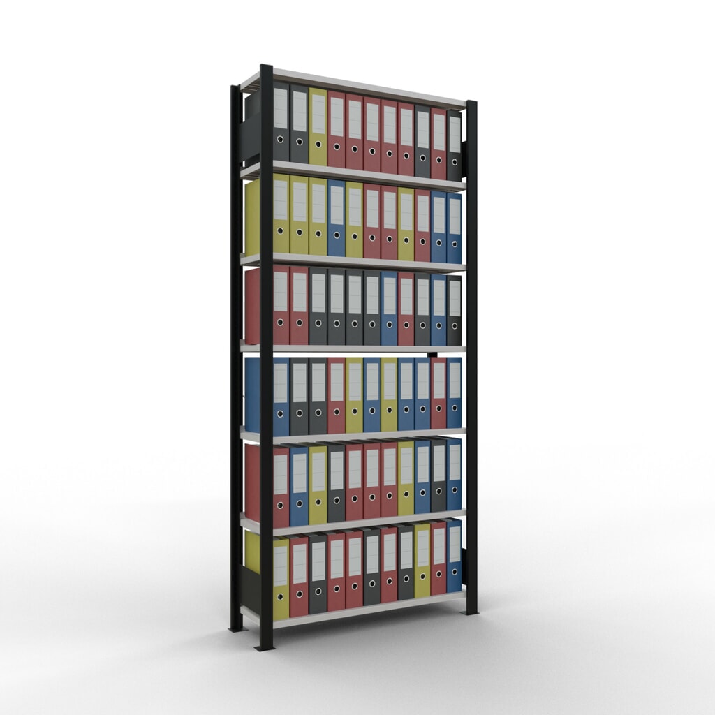 Scaffalatura per documenti SCHULTE campata base, monofronte, con spondine posteriori, portata per piano 85 kg, nero, AxLxP 2.300 x 1.000 x 300 mm Immagine del prodotto n. 2: Scaffalatura per documenti SCHULTE campata base, monofronte, con spondine posteriori, portata per piano 85 kg, nero, AxLxP 2.300 x 1.000 x 300 mm