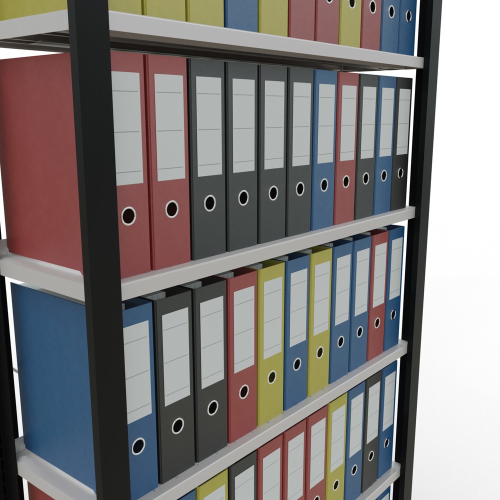 Immagine del prodotto n. 3: Scaffalatura per documenti SCHULTE campata base, monofronte, con spondine posteriori, portata per piano 85 kg, nero, AxLxP 2.300 x 1.000 x 300 mm