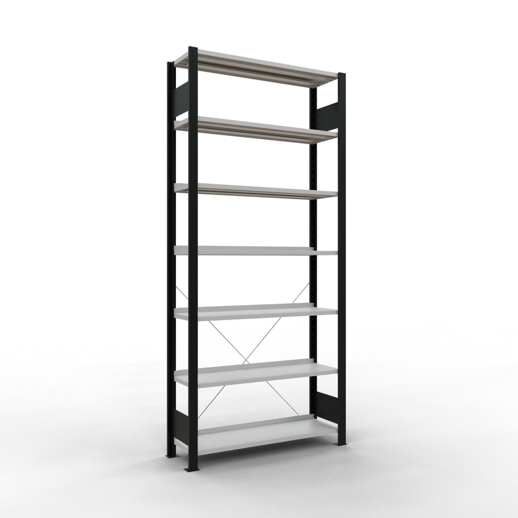 Immagine del prodotto: Scaffalatura per documenti SCHULTE campata base, monofronte, con spondine posteriori, portata per piano 85 kg, nero, AxLxP 2.300 x 1.000 x 300 mm