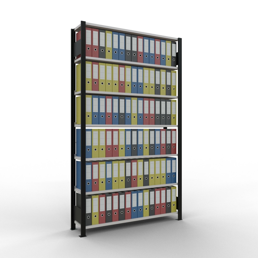 Immagine del prodotto n. 2: Scaffalatura per documenti SCHULTE campata base, monofronte, con spondine posteriori, portata per piano 85 kg, nero, AxLxP 2.300 x 1.300 x 300 mm