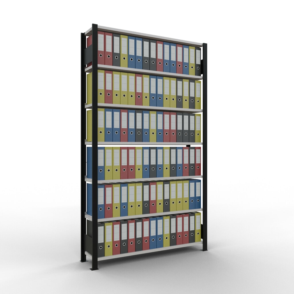 Immagine del prodotto n. 2: Scaffalatura per documenti SCHULTE campata base, monofronte, con spondine posteriori, portata per piano 85 kg, nero, AxLxP 2.300 x 1.300 x 300 mm