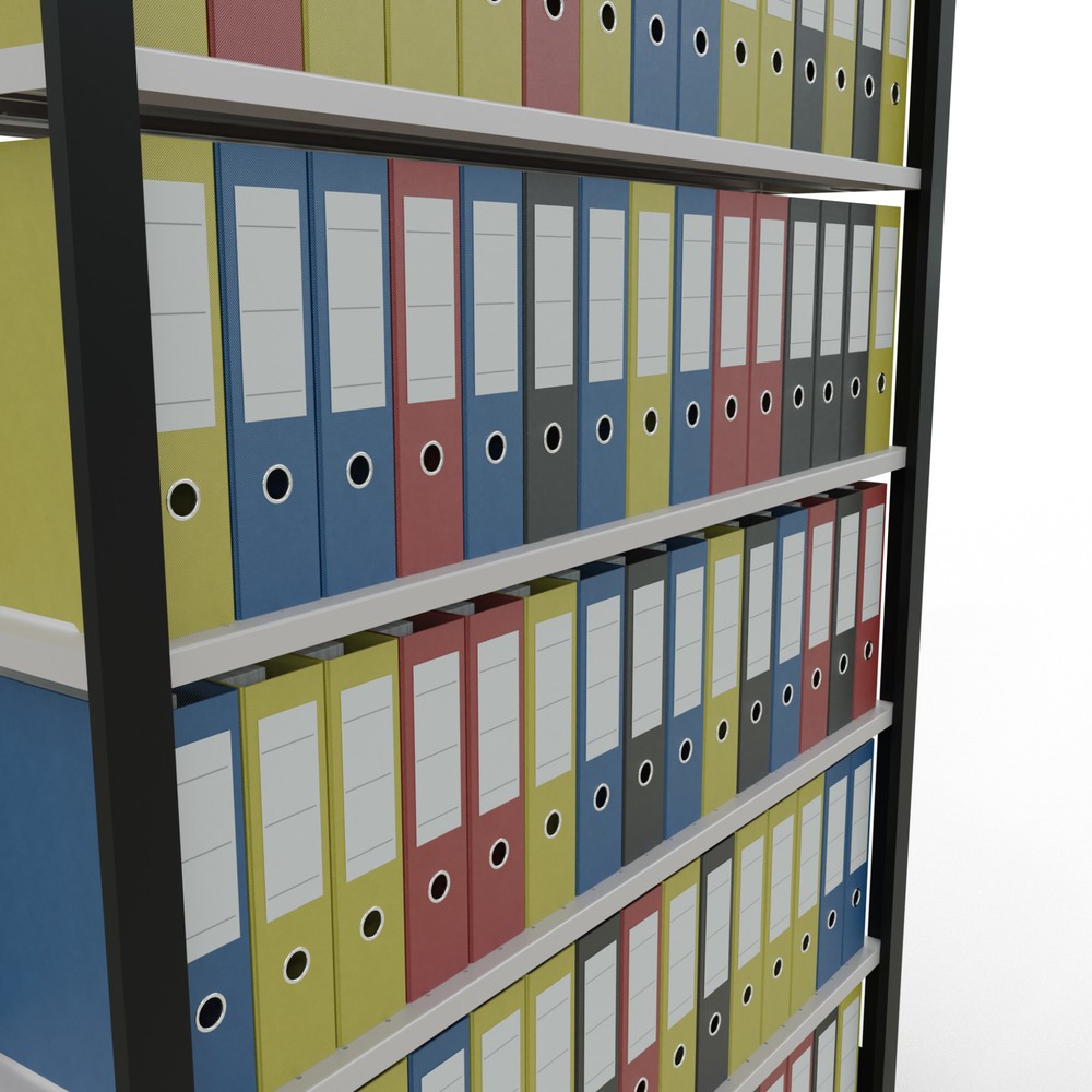 Immagine del prodotto n. 3: Scaffalatura per documenti SCHULTE campata base, monofronte, con spondine posteriori, portata per piano 85 kg, nero, AxLxP 2.300 x 1.300 x 300 mm