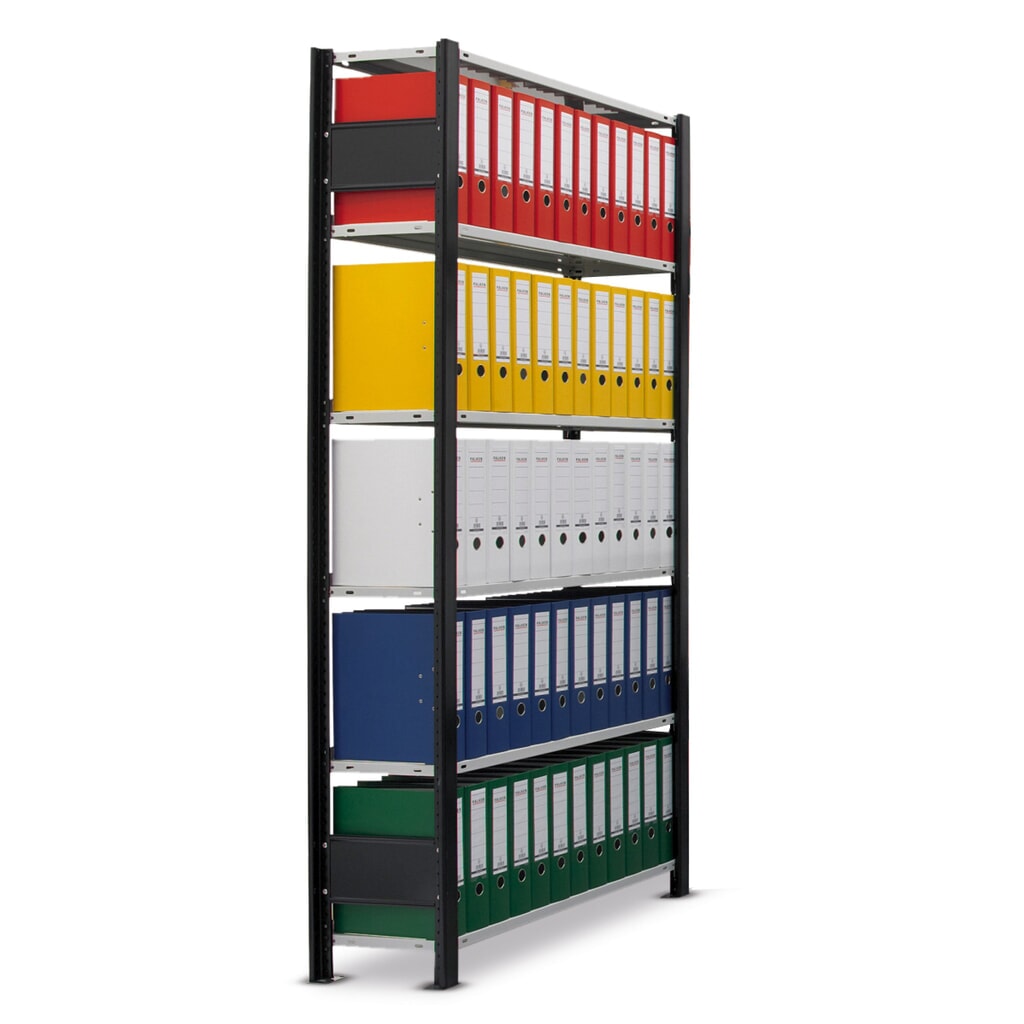 Scaffalatura per documenti SCHULTE campata base, monofronte, con spondine posteriori, portata per piano 85 kg, nero, AxLxP 2.300 x 750 x 300 mm Immagine del prodotto n. 2: Scaffalatura per documenti SCHULTE campata base, monofronte, con spondine posteriori, portata per piano 85 kg, nero, AxLxP 2.300 x 750 x 300 mm