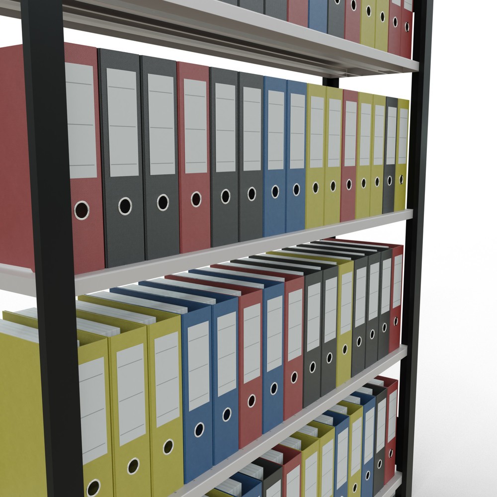 Immagine del prodotto n. 3: Scaffalatura per documenti SCHULTE campata base, monofronte, senza spondine posteriori, nero, portata per piano 85 kg, AxLxP 1.800 x 1.300 x 300 mm