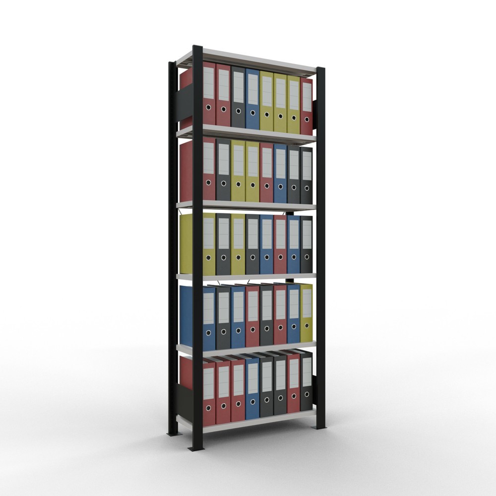 Immagine del prodotto n. 2: Scaffalatura per documenti SCHULTE campata base, monofronte, senza spondine posteriori, nero, portata per piano 85 kg, HxLxP 2.000 x 750 x 300 mm