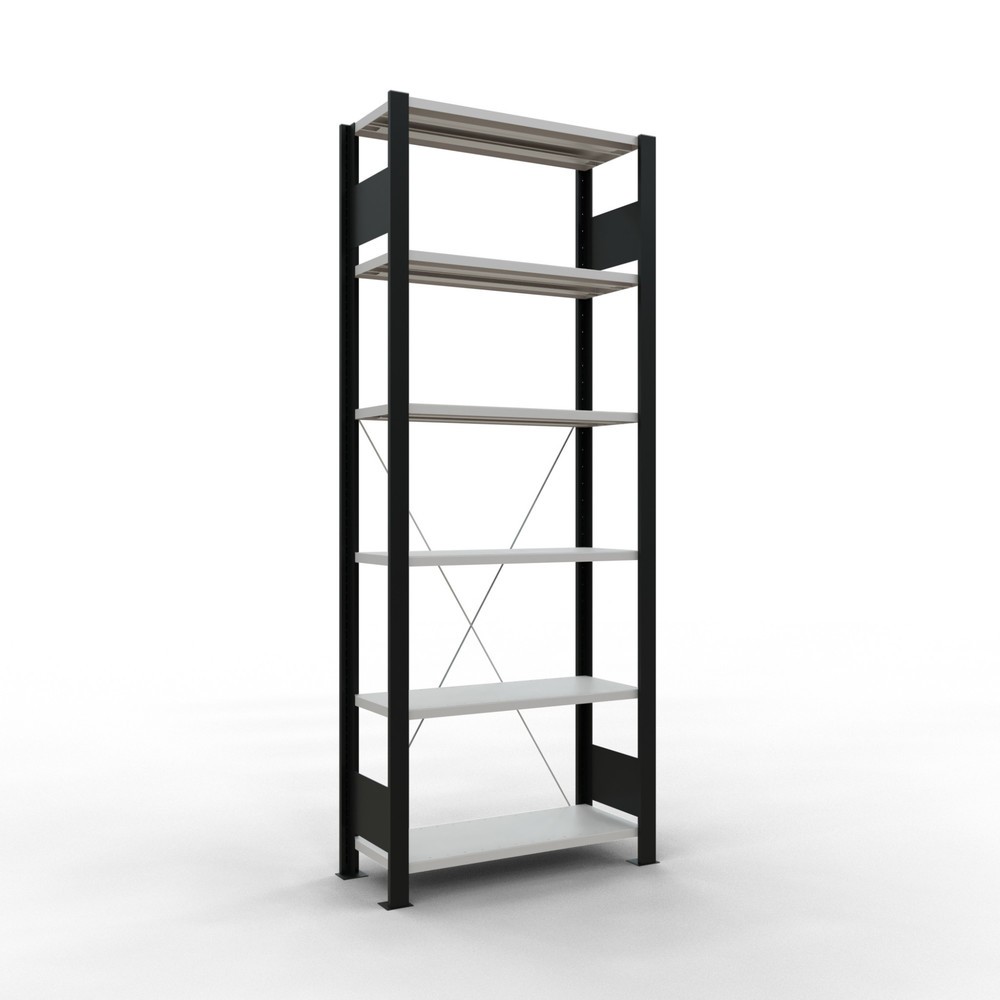 Immagine del prodotto: Scaffalatura per documenti SCHULTE campata base, monofronte, senza spondine posteriori, nero, portata per piano 85 kg, HxLxP 2.000 x 750 x 300 mm