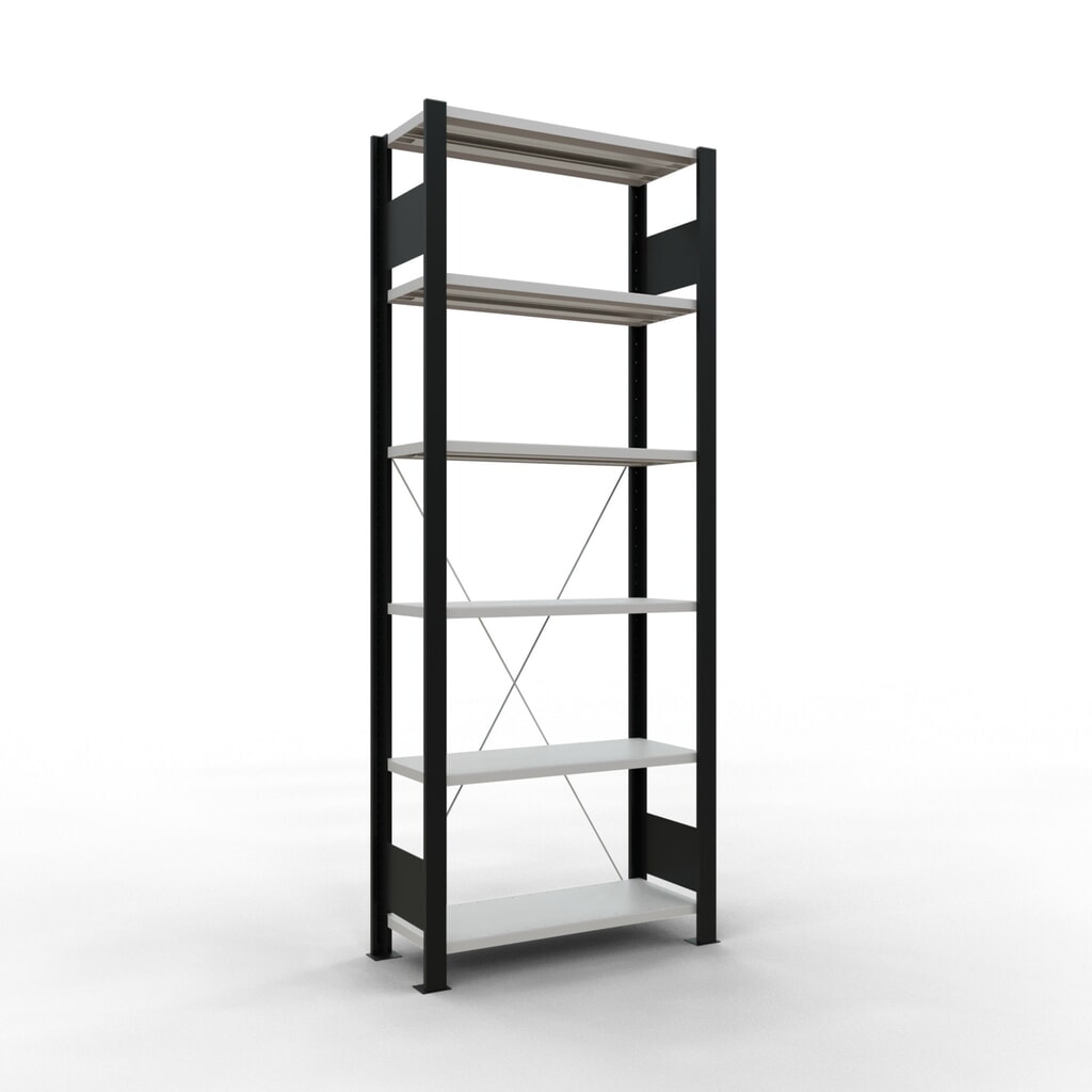 Immagine del prodotto: Scaffalatura per documenti SCHULTE campata base, monofronte, senza spondine posteriori, nero, portata per piano 85 kg, HxLxP 2.000 x 750 x 300 mm