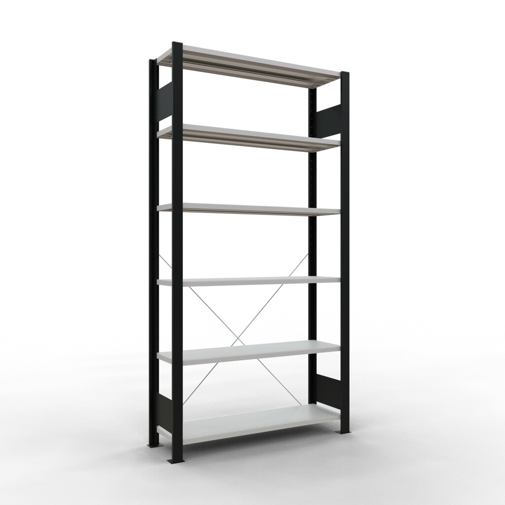 Scaffalatura per documenti SCHULTE campata base, monofronte, senza spondine posteriori, nero, portata per piano 85 kg, AxLxP 2.000 x 1.000 x 300 mm Immagine del prodotto: Scaffalatura per documenti SCHULTE campata base, monofronte, senza spondine posteriori, nero, portata per piano 85 kg, AxLxP 2.000 x 1.000 x 300 mm