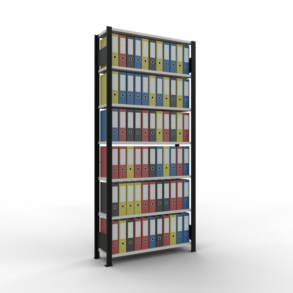 Immagine del prodotto n. 2: Scaffalatura per documenti SCHULTE campata base, monofronte, senza spondine posteriori, nero, portata per piano 85 kg, AxLxP 2.300 x 1.000 x 300 mm
