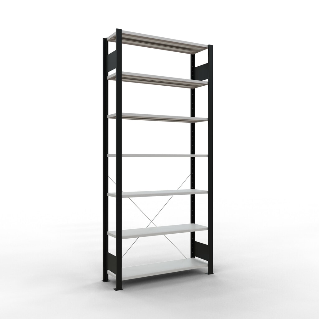 Scaffalatura per documenti SCHULTE campata base, monofronte, senza spondine posteriori, nero, portata per piano 85 kg, AxLxP 2.300 x 1.000 x 300 mm Immagine del prodotto: Scaffalatura per documenti SCHULTE campata base, monofronte, senza spondine posteriori, nero, portata per piano 85 kg, AxLxP 2.300 x 1.000 x 300 mm
