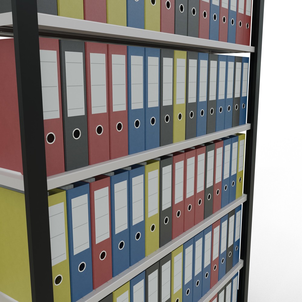 Immagine del prodotto n. 3: Scaffalatura per documenti SCHULTE campata base, monofronte, senza spondine posteriori, nero, portata per piano 85 kg, AxLxP 2.300 x 1.300 x 300 mm
