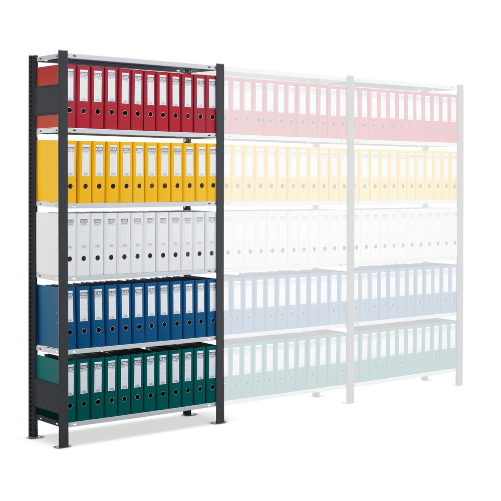 Immagine del prodotto n. 5: Scaffalatura per documenti SCHULTE campata base, monofronte, senza spondine posteriori, nero, portata per piano 85 kg, AxLxP 1.800 x 750 x 300 mm