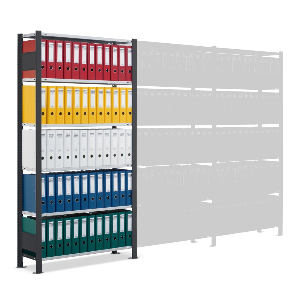 Immagine del prodotto n. 5: Scaffalatura per documenti SCHULTE campata base, monofronte, senza spondine posteriori, portata per piano 85 kg, nero, AxLxP , 2.300 x 750 x 300 mm