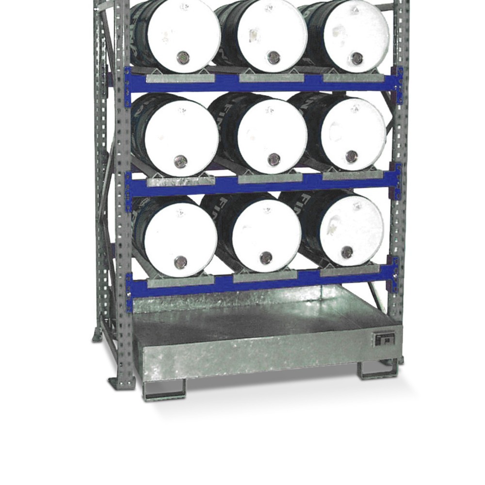 Immagine del prodotto: Scaffalatura per fusti incl. vasca di raccolta, campata base, 3 livelli, senza griglia, 9x 60 l in orizzontale