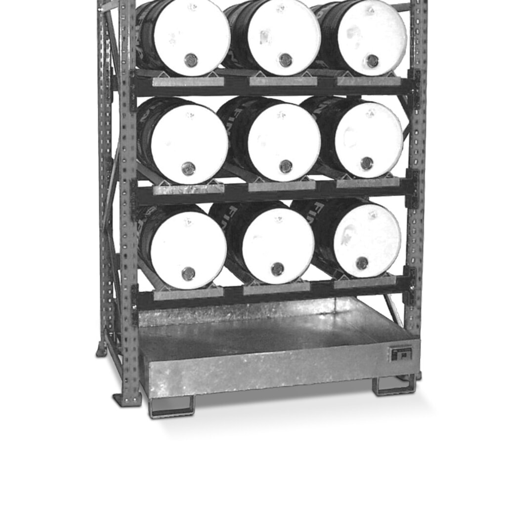 Immagine del prodotto: Scaffalatura per fusti incl. vasca di raccolta, campata base, 3 livelli, senza griglia, 9x 60 l in orizzontale