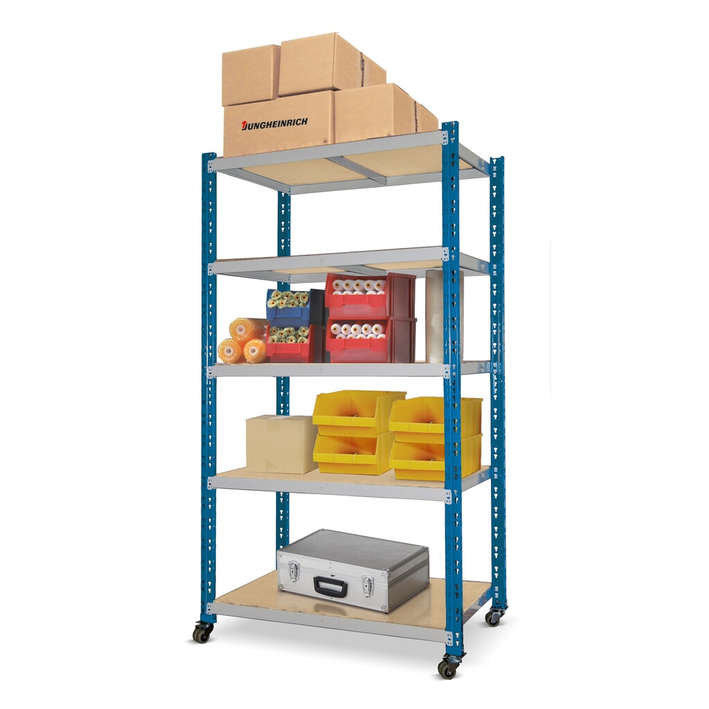 Immagine del prodotto: Scaffalatura a ripiani mobile blu genziana con 3 ripiani in truciolato, portata per piano di 300 kg, AxLxP 900 x 1.000 x 600 mm